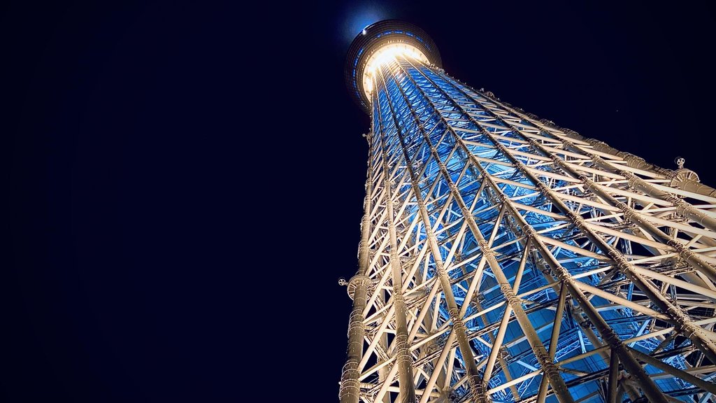 Tokyo Skytree illuminated at night from Azumabashi Bridge