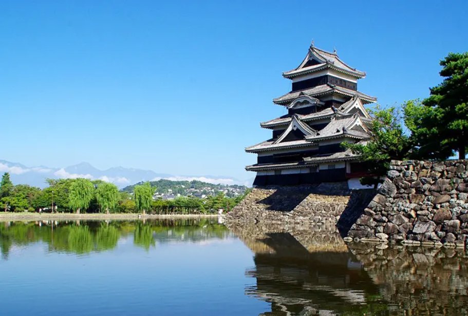 Matsumoto Castle black keep with Northern Alps backdrop