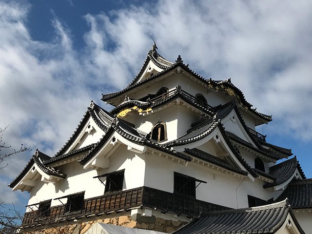 Hikone Castle with ornate gables near Lake Biwa