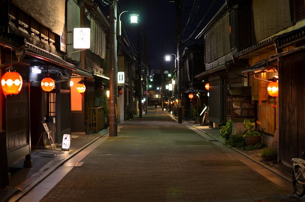 Peaceful evening street in Gion at night