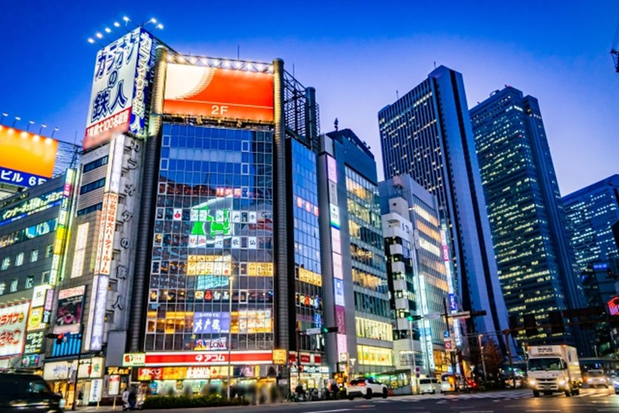 High-rise buildings in Nishi-Shinjuku illuminated at night