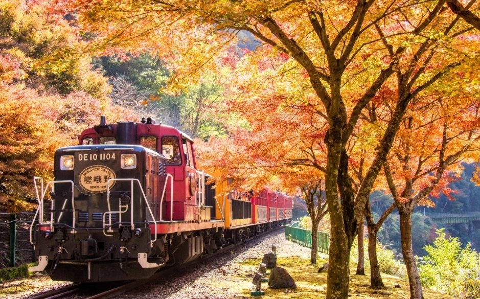 Sagano Torokko Train running through the Hozu River gorge