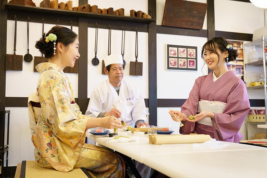 Traditional Japanese sweets making class in Kyoto