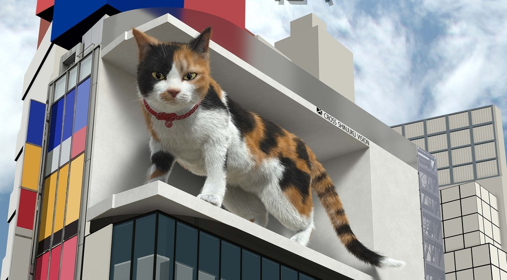 Giant 3D cat at Cross Shinjuku Vision display