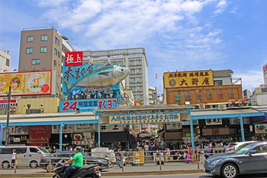 Tsukiji Outer Market seafood stalls and fresh fish
