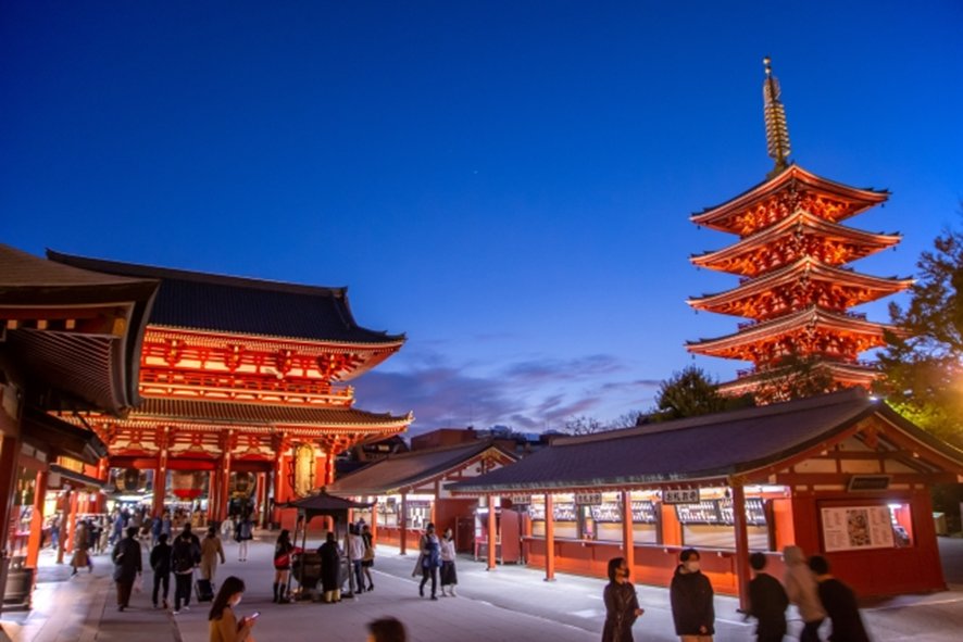 Sensoji Temple illuminated at night in Asakusa