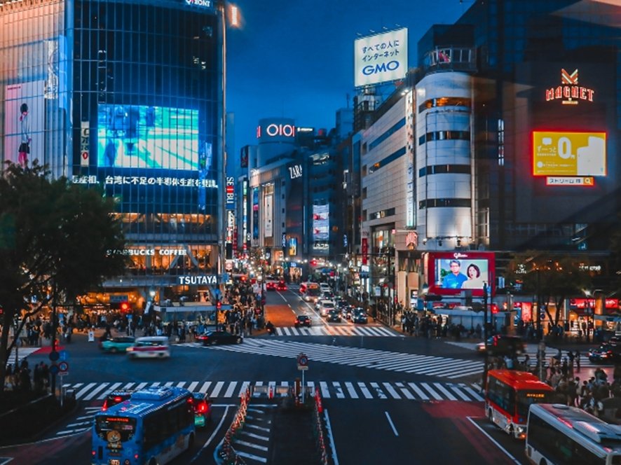 Shibuya crossing illuminated at night