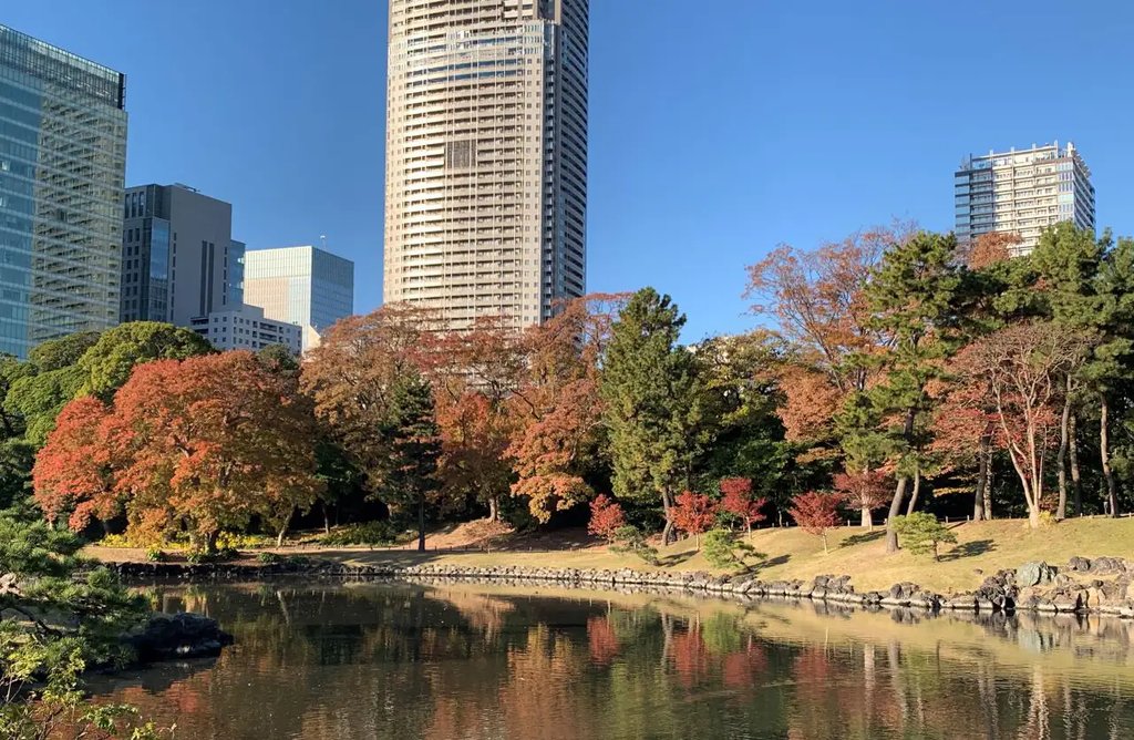 Hama-rikyu Gardens with Tokyo skyline