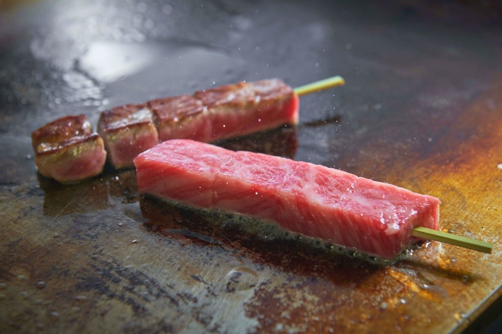 Grilled A5 wagyu skewers at Tsukiji